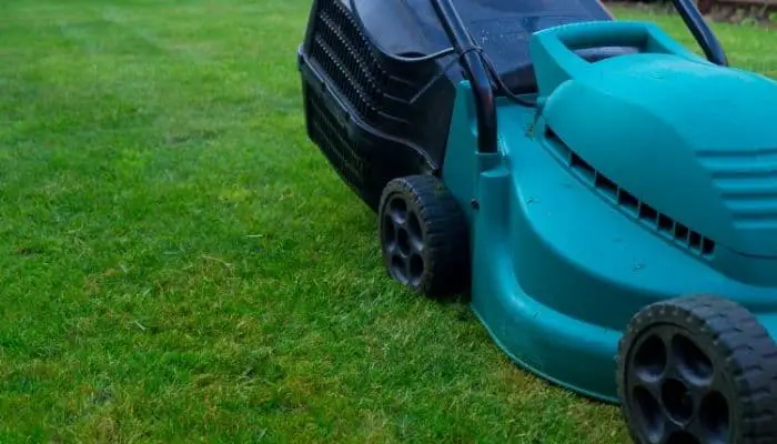A blue electric lawn mower